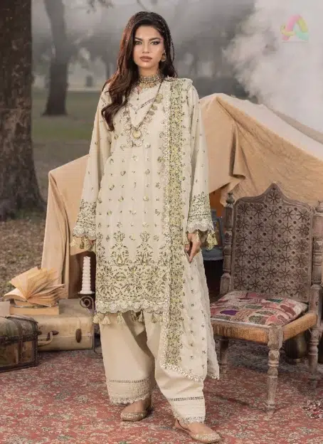 Front view of Multikaari by Adan’s Libas 3032 with intricate schiffli embroidery on premium lawn fabric, styled for the 2025 lawn season.