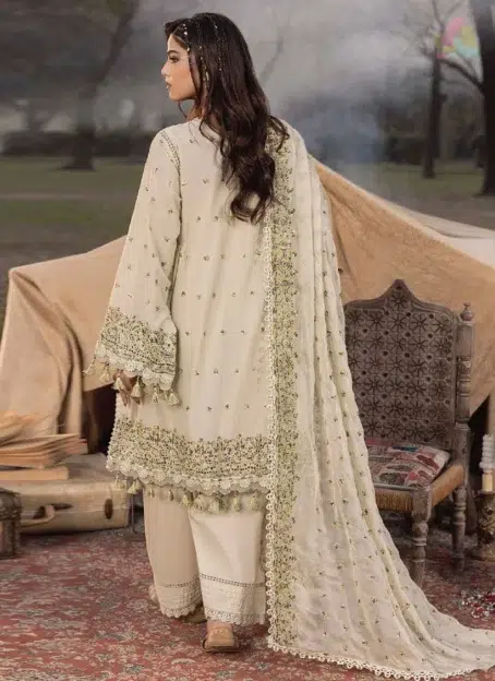 Back design of Adan’s Libas 3032 showing detailed schiffli embroidery on lawn fabric, ideal for elegant and traditional summer wear.