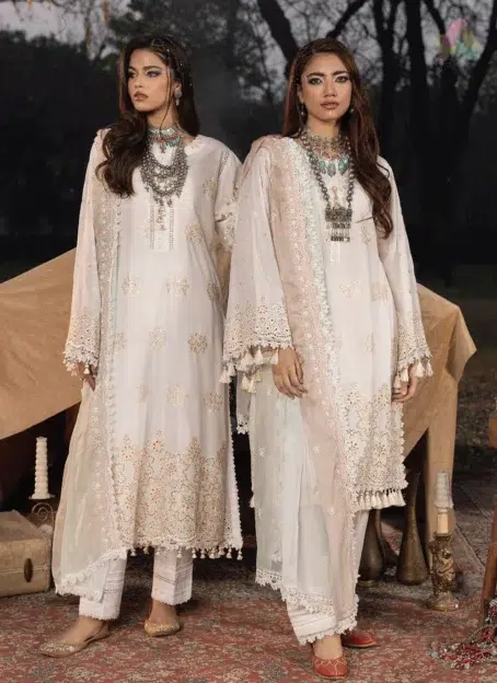 Front view of Multikaari by Adan’s Libas 3033 featuring multi-thread schiffli embroidery on lawn fabric with elegant neckline and detailed craftsmanship