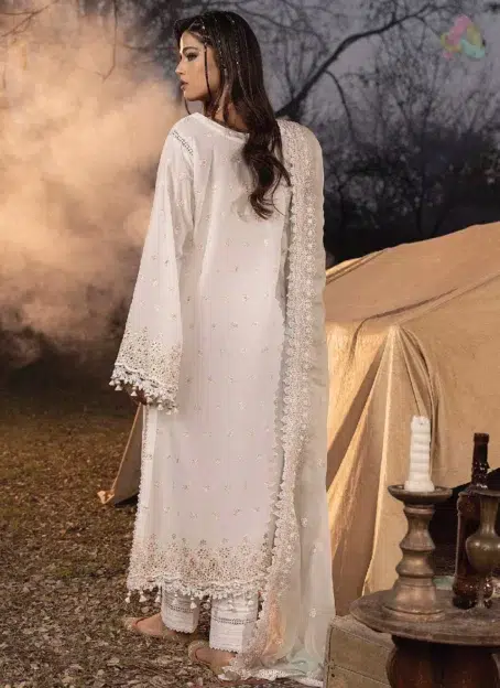 Back side of Adan’s Libas 3033 suit showing fine schiffli embroidery on breathable lawn, designed for summer elegance and festive wear