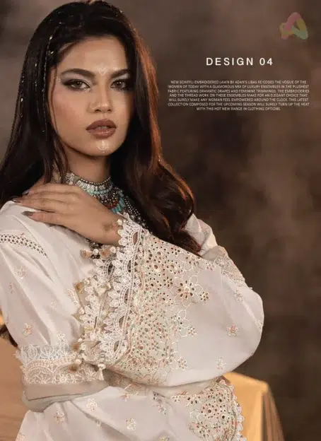 Close-up showing detailed schiffli embroidery on sleeves and neckline of Multikaari 3033, showcasing fine threadwork from Adan’s Libas lawn 2025