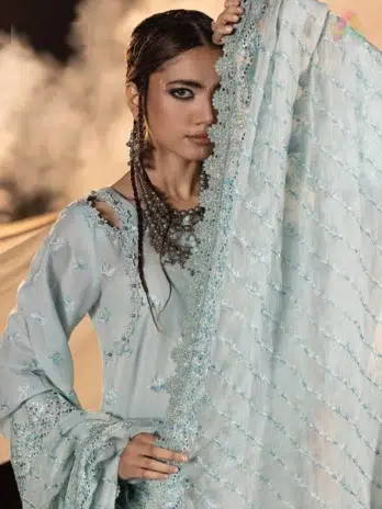 Close-up of neckline and sleeves from Multikaari 3036 highlighting delicate schiffli embroidery with soft texture and breathable fabric quality