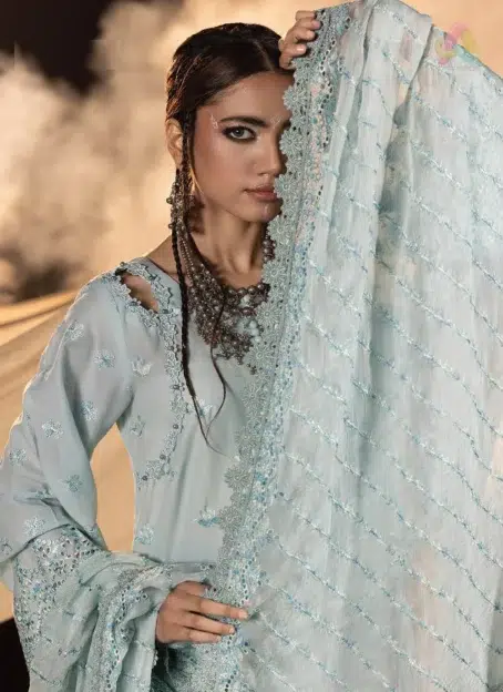 Close-up of neckline and sleeves from Multikaari 3036 highlighting delicate schiffli embroidery with soft texture and breathable fabric quality