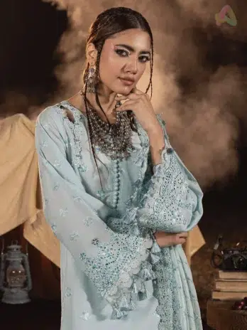 Complete 3-piece suit view of Adan’s Libas 3036 with chiffon voile dupatta and dyed cotton trouser—perfect for formal gatherings and stylish occasions