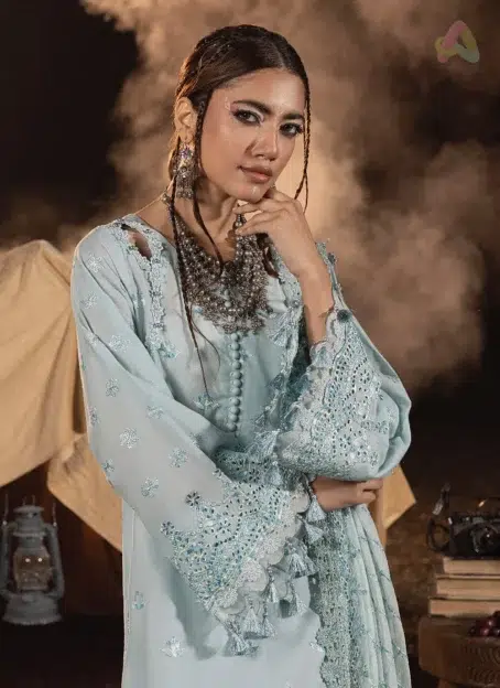 Complete 3-piece suit view of Adan’s Libas 3036 with chiffon voile dupatta and dyed cotton trouser—perfect for formal gatherings and stylish occasions