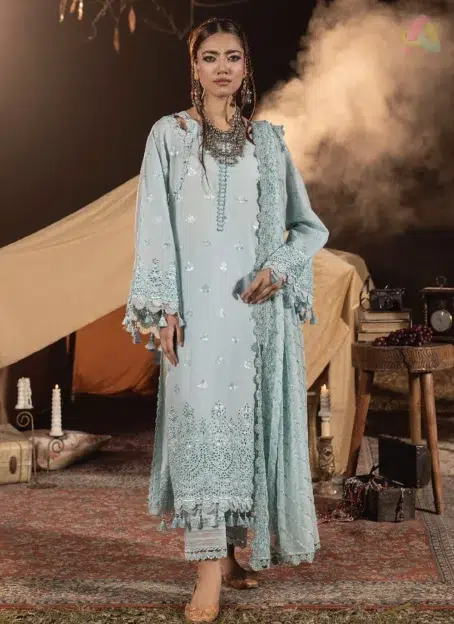 Front view of Multikaari by Adan’s Libas 3036 showing detailed multi-thread schiffli embroidery on premium lawn in an elegant seasonal color tone