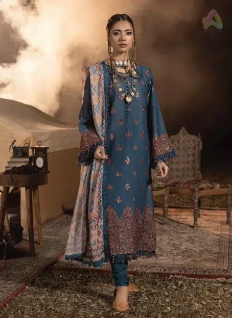 Front view of Adan’s Libas 3037 showing elegant schiffli embroidery on premium lawn fabric with detailed neckline and refined summer styling