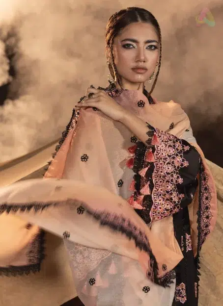 Close-up of neckline and sleeves featuring schiffli embroidery and soft lawn fabric, showcasing detailed craftsmanship from Adan’s Libas