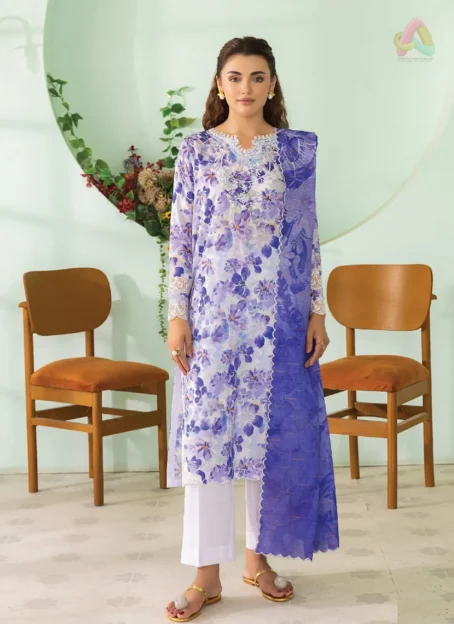 Front view of Phool Kaliyan by Gulljee D-01 with neck embroidery and printed lawn, ideal for festive and graceful summer fashion