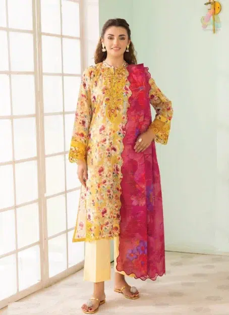 Front view of Phool Kaliyan by Gulljee D-02 with digitally printed lawn and neck embroidery – designed for elegant festive and daily wear