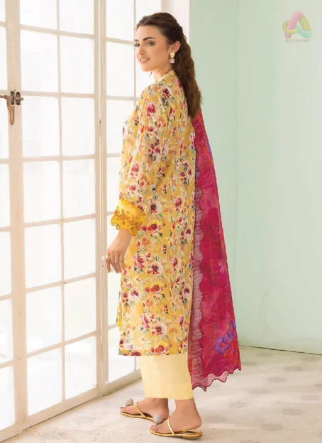 Back side of Gulljee D-02 showing digitally printed lawn with soft color palette, adding a breezy and cohesive summer style