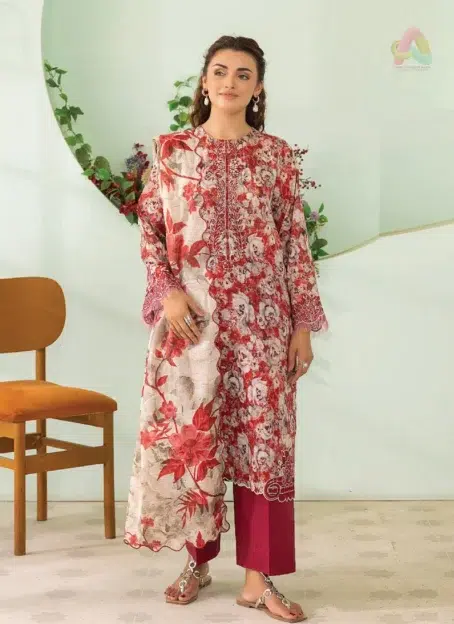 Front view of Phool Kaliyan by Gulljee D-03 featuring digital print and neck embroidery on lawn fabric for festive summer fashion