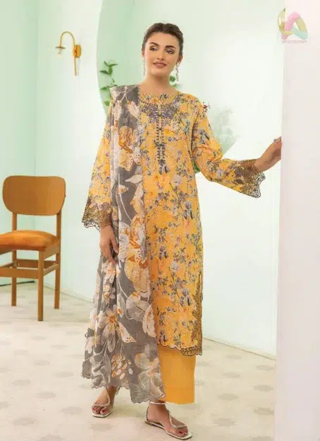 Front view of Phool Kaliyan by Gulljee D-04 with neck embroidery and soft floral digital print, perfect for refined summer wear