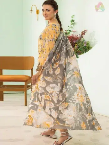 Back of Gulljee D-04 showing digital lawn print in elegant tones, ideal for warm-weather sophistication and seasonal events