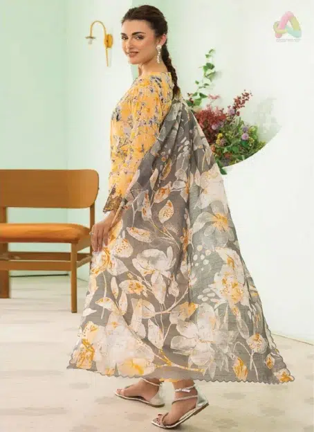 Back of Gulljee D-04 showing digital lawn print in elegant tones, ideal for warm-weather sophistication and seasonal events