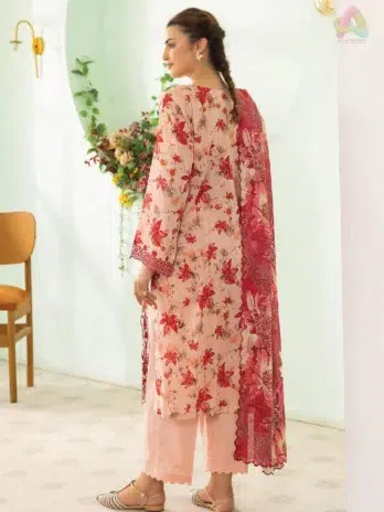 Back view of Gulljee D-05 showcasing the digitally printed lawn fabric in vibrant, airy tones ideal for seasonal celebrations