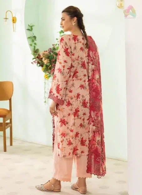 Back view of Gulljee D-05 showcasing the digitally printed lawn fabric in vibrant, airy tones ideal for seasonal celebrations