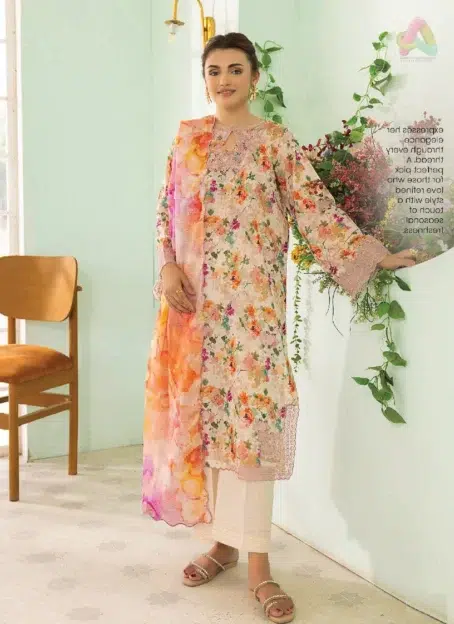 Front view of Gulljee D-06 featuring a digitally printed lawn shirt with elegant neck embroidery—perfect for festive or seasonal wear