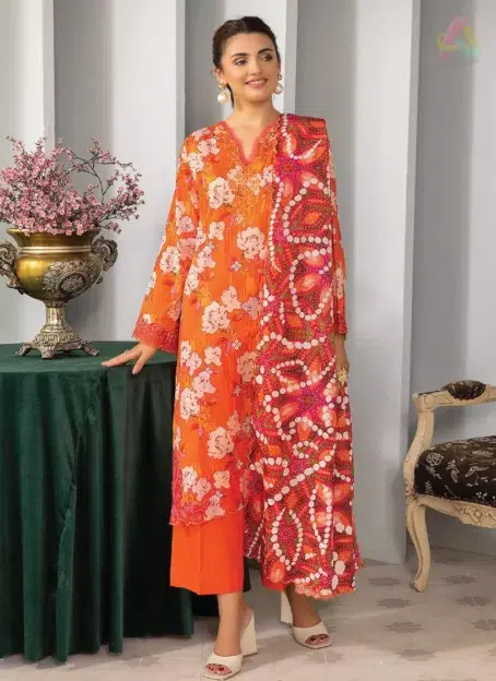 Front view of Gulljee D-07 featuring a digitally printed lawn shirt with neck embroidery for a classic, breathable festive outfit.