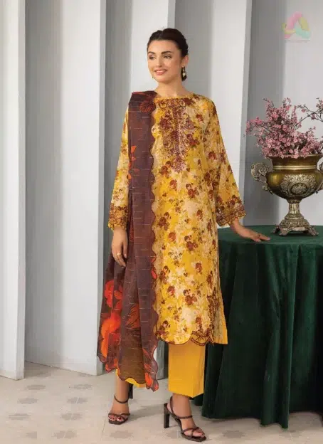 Front view of Gulljee D-08 showing digitally printed lawn with neck embroidery, styled for elegant summer wear and seasonal occasions.