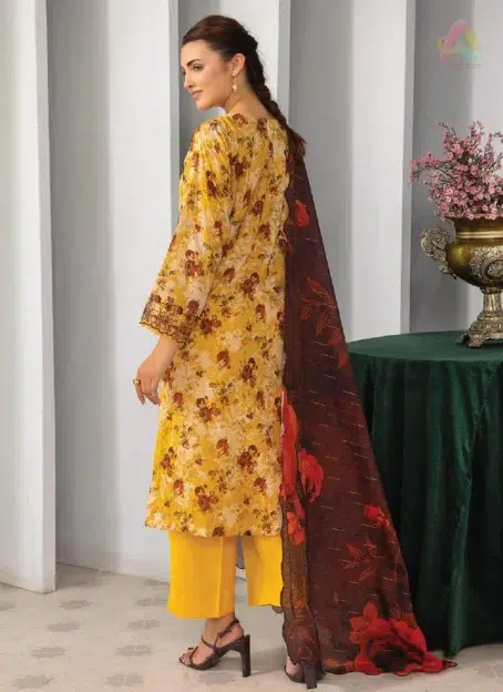 Back side of Phool Kaliyan by Gulljee D-08 displaying digital lawn print with subtle color tones from the Gulljee lawn 2025 collection