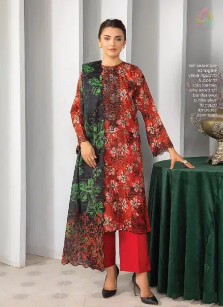 Front view of Phool Kaliyan by Gulljee D-09 featuring digital print and neck embroidery on premium lawn fabric with elegant organza details.