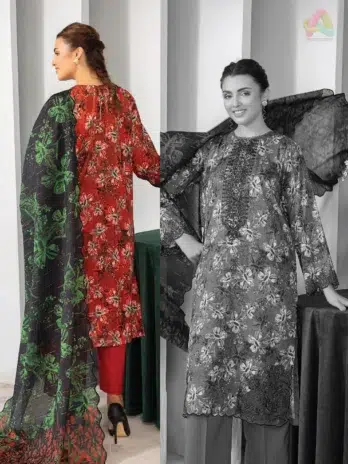 Back view of the Gulljee lawn suit showing the digital printed lawn back and sleeves from the Phool Kaliyan D-09 design