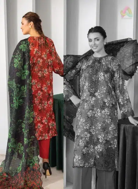 Back view of the Gulljee lawn suit showing the digital printed lawn back and sleeves from the Phool Kaliyan D-09 design