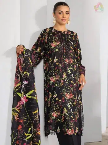 Zoomed-in embroidery detail of neck and organza lace from Gulljee D-10, highlighting fine stitching and premium lawn fabric texture