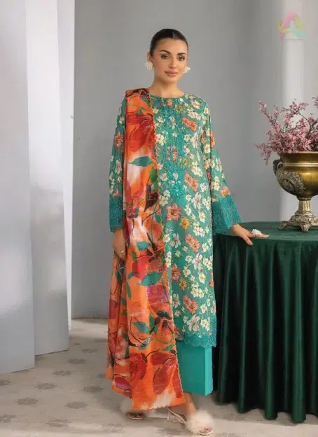 Front view of Phool Kaliyan by Gulljee D-11 showcasing digital lawn print with embroidered neckline and organza front bunch for a luxe summer look