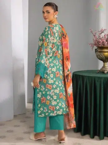 Back side of Gulljee D-11 suit showing digitally printed lawn with elegant sleeve design, part of the premium Gulljee lawn 2025 release