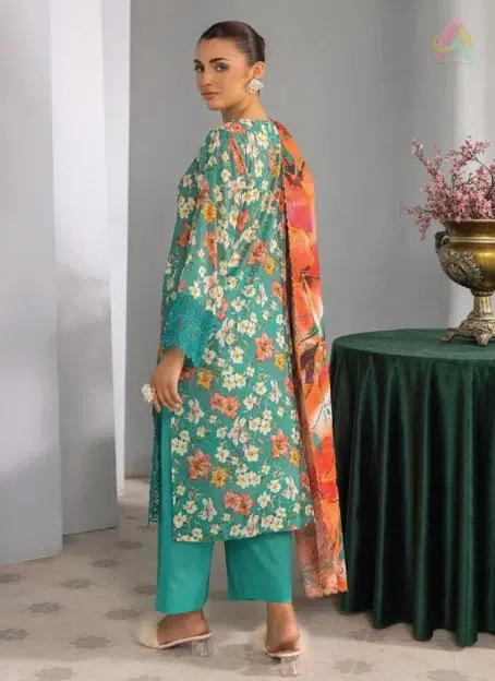 Back side of Gulljee D-11 suit showing digitally printed lawn with elegant sleeve design, part of the premium Gulljee lawn 2025 release