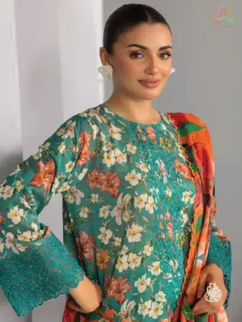 Close-up of embroidered neckline and organza lace details on Gulljee D-11, reflecting delicate craftsmanship and premium lawn fabric