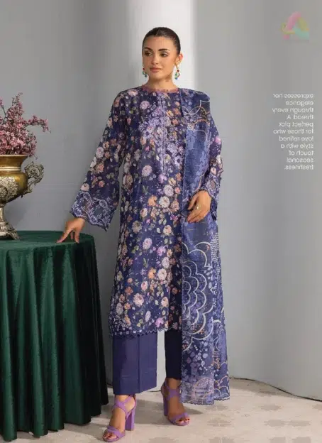 Front view of Phool Kaliyan by Gulljee D-12 featuring digital lawn with embroidered neckline and elegant organza bunch detail for summer