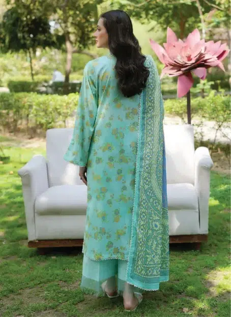 Back of Binaas D-01 featuring digital printed lawn with a cohesive design, paired perfectly with cambric trousers for seasonal wear.