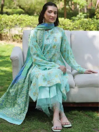 Full front display of Binaas D-01 3-piece lawn suit including shirt, Bana Dora dupatta, and cambric trouser from Binaas New collection 2025.