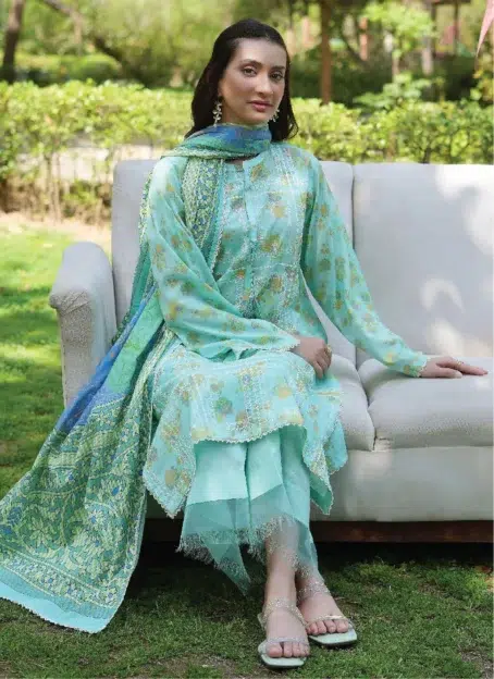 Full front display of Binaas D-01 3-piece lawn suit including shirt, Bana Dora dupatta, and cambric trouser from Binaas New collection 2025.