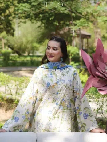 Full outfit view of Twinkling by Binaas D‑02, an elegant 3‑piece embroidered lawn suit with printed dupatta and cambric trouser from Binaas new collection.
