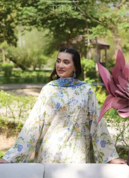 Full outfit view of Twinkling by Binaas D‑02, an elegant 3‑piece embroidered lawn suit with printed dupatta and cambric trouser from Binaas new collection.