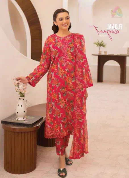 Front view of Zavi by Brenish D-01 showing digital printed Bana Dora lawn with embroidered neck design for a classy seasonal wardrobe update