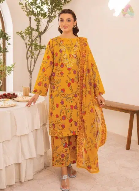 Front view of Zavi by Brenish D-02 featuring digital printed Bana Dora lawn with embroidered neck design for a chic and elegant summer outfit