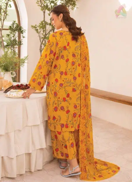 Back of Zavi by Brenish D-02 showing digitally printed Bana Dora lawn fabric in soft hues, styled for a light and stylish seasonal look