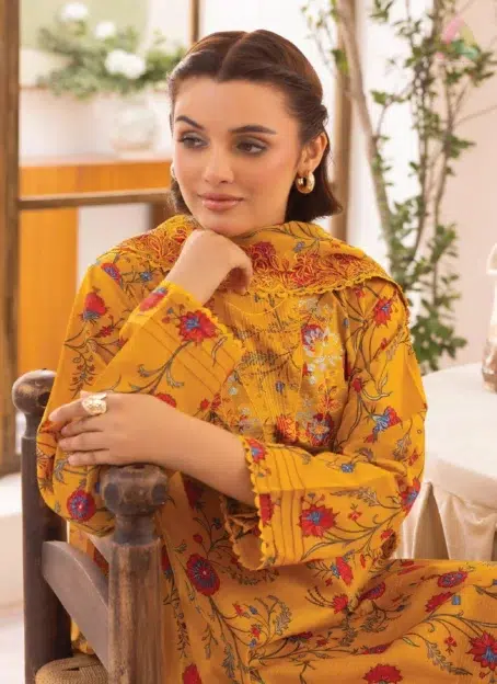 Close-up of embroidered neck and organza bunch from Zavi D-02, highlighting premium craftsmanship from the latest Brenish lawn collection 2025