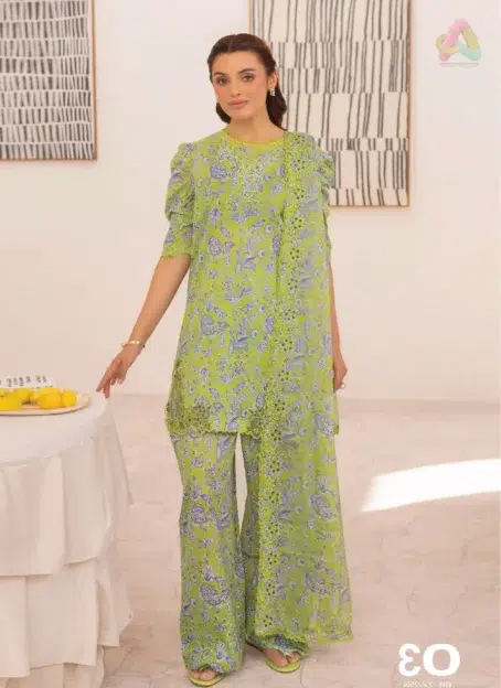 Front of Zavi by Brenish D-03 showcasing neck embroidery on digitally printed Bana Dora lawn, perfect for a modern yet traditional summer wardrobe