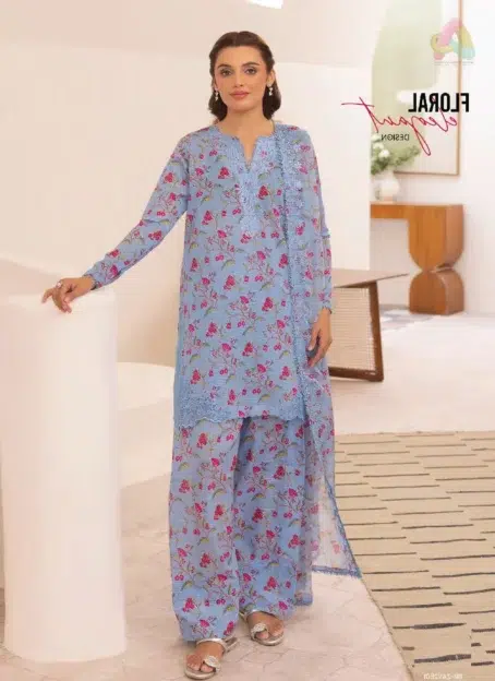 Front view of Zavi by Brenish D-04 showing embroidered neckline on digital Bana Dora lawn fabric with soft summer tones and elegant floral motifs