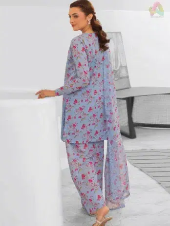 Back side of Zavi by Brenish D-04 with matching digital print on breathable Bana Dora lawn, perfect for comfort and coordinated seasonal fashion