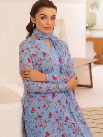 Close-up of embroidered neck and organza bunch from Zavi D-04, highlighting fine craftsmanship and premium quality from the Brenish lawn 2025 collection