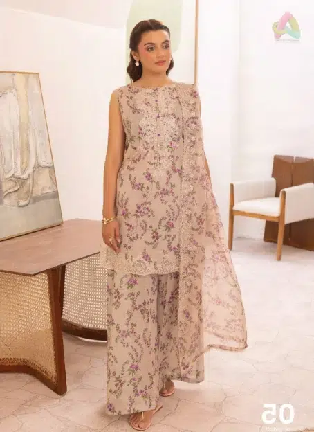 Front of Zavi by Brenish D-05 showing digitally printed lawn with elegant neck embroidery and soft tones, perfect for graceful summer style