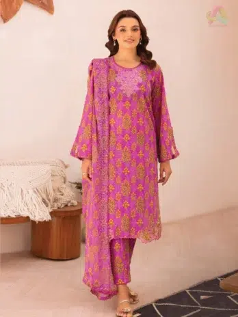 Front of Zavi by Brenish D-06 showing neck embroidery on digital Bana Dora lawn fabric, perfect for timeless summer elegance and premium design