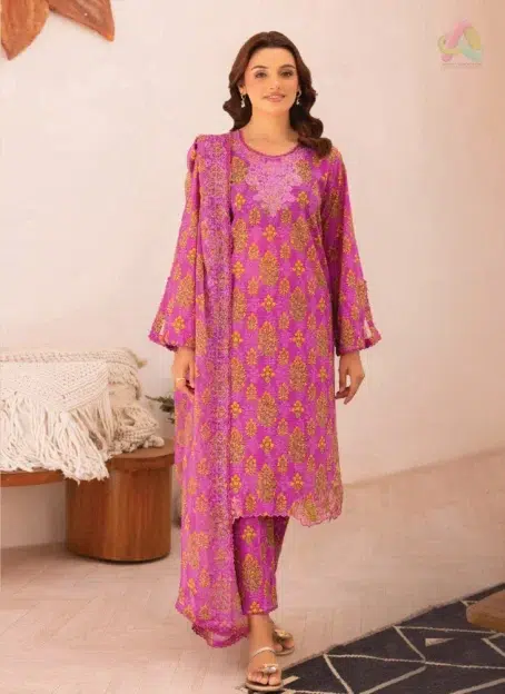 Front of Zavi by Brenish D-06 showing neck embroidery on digital Bana Dora lawn fabric, perfect for timeless summer elegance and premium design
